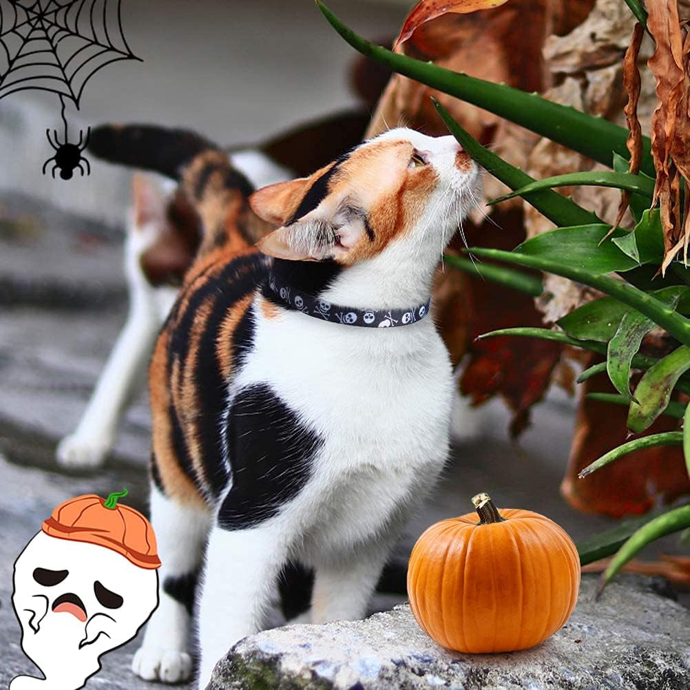 Cat Collar Breakaway with Bells, Kitten Collar Outfit Adjustable for Girl Boy Small Pet Puppy Bunny, Cute Costume Accessory with Safety Release Buckle (Skull)