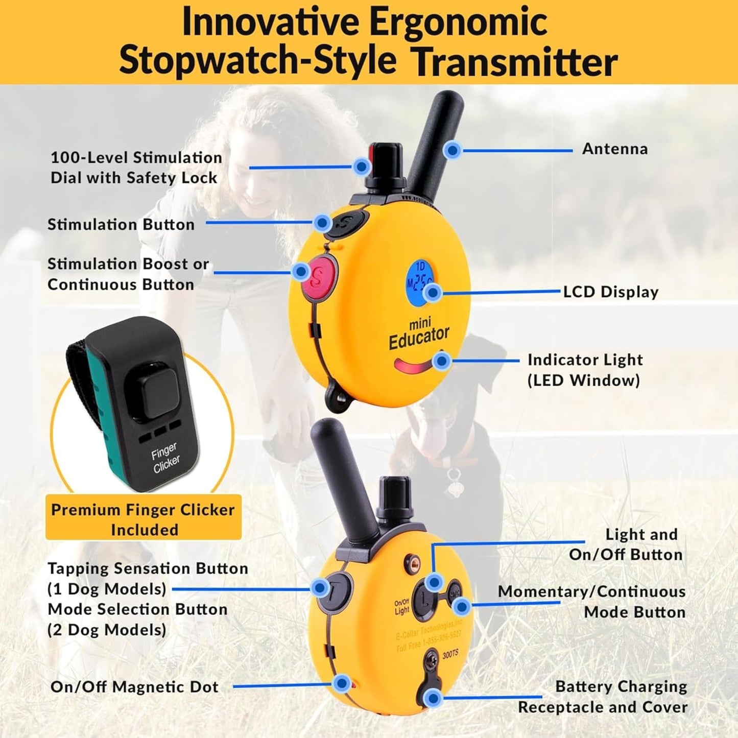 E-Collar ET-300 Mini  Remote Dog Training Collar, Yellow | 1/2 Mile Waterproof, 100 Stimulation Levels + Vibration + Light + Sound, Premium Finger Clicker Trainer